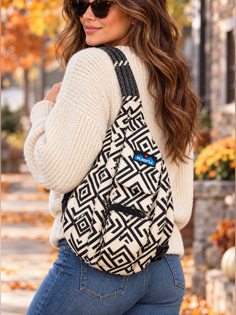 KAVU Original Rope Bag Black Cream Geometric Canvas Sling Crossbody Large